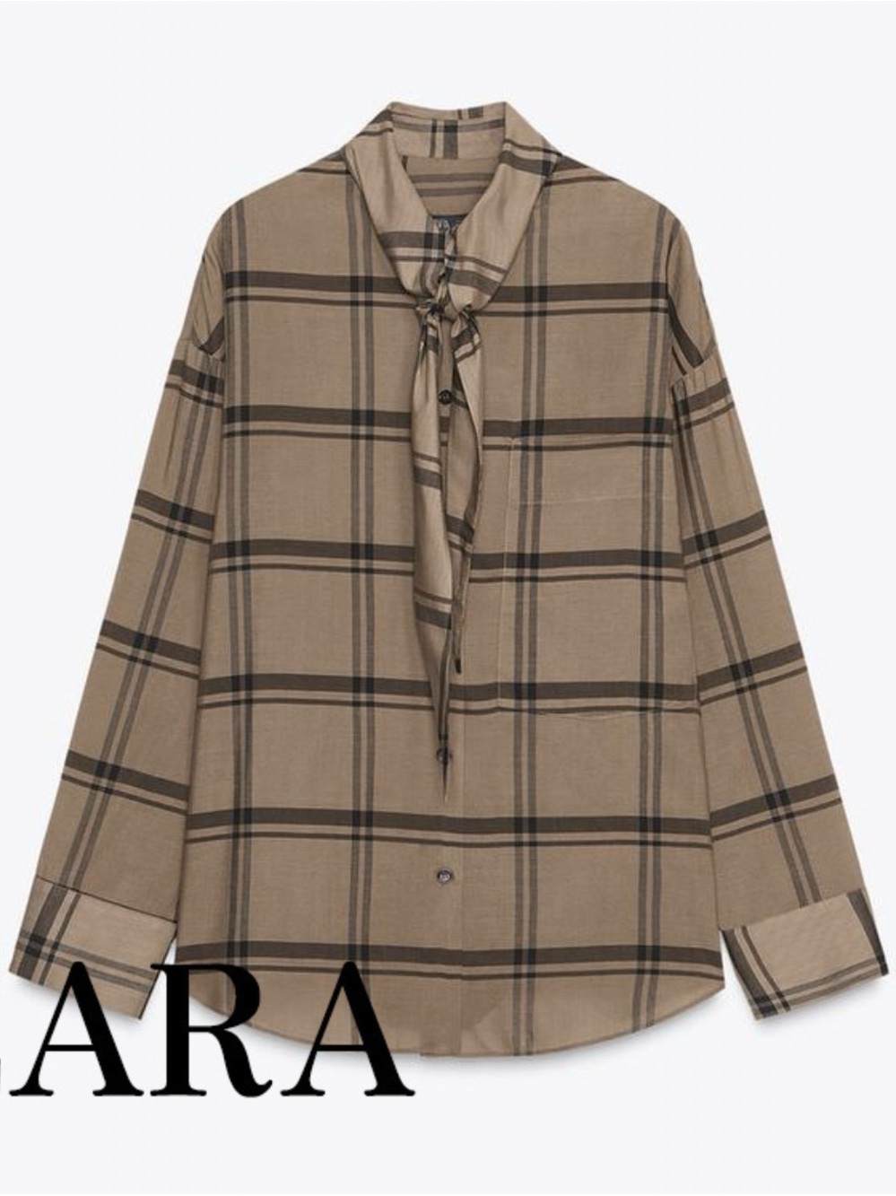 Zara ZW Collection Check Shirt Scarf Collar Mid-Camel XS NWT